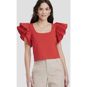 A New Day Red Double Flutter Short Sleeve Slim Fit Top